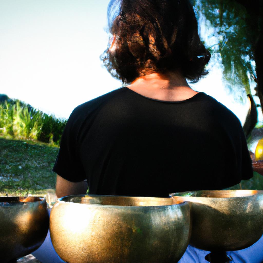Person meditating with singing bowls